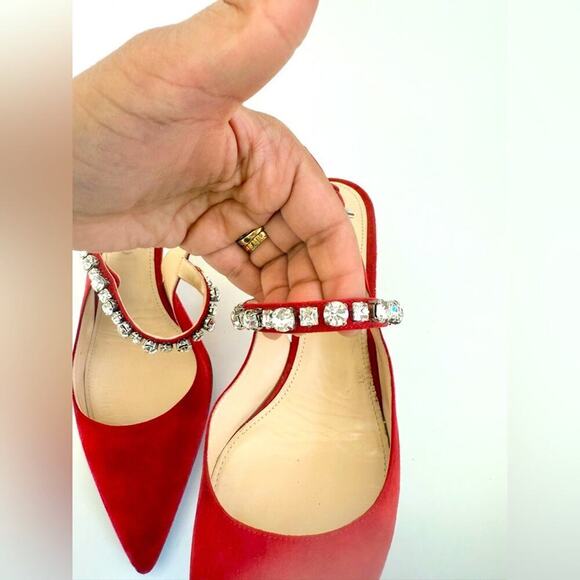 Prada Red Suede Leather Crystal embellished Mary Jane Sling back pumps EU 38.5 - Picture 4 of 11